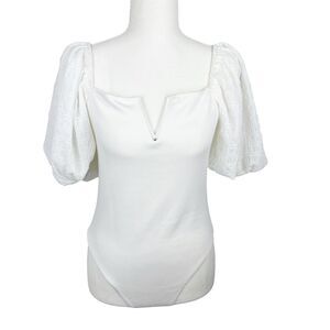 Jealous Tomato Blouse Women Large White V-Neck Puff Sleeve Bodysuit